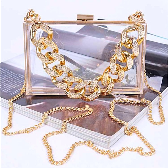 Handbags - Crystal Chunky Chain Gold/Clear Box Clutch Handbag